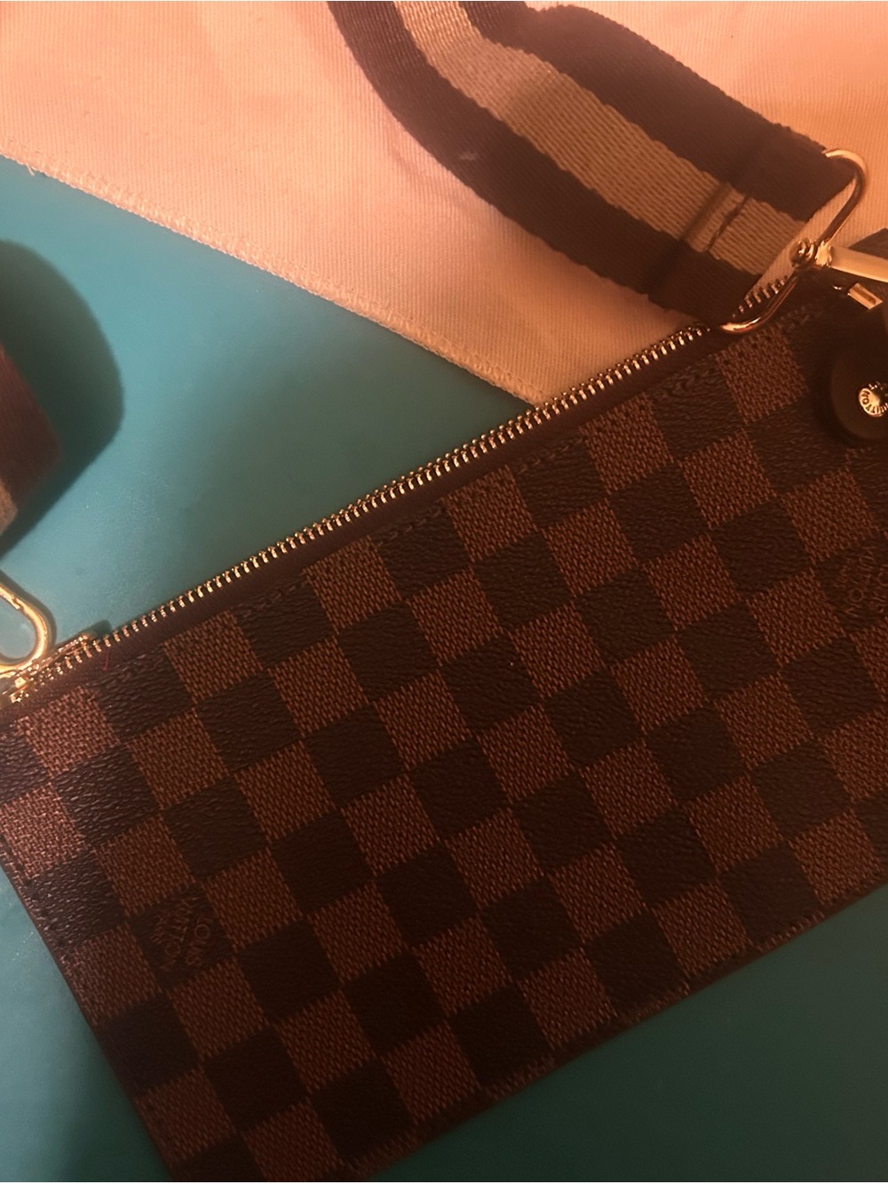 Louis Vuitton Brown Checkered Wristlet with Striped Strap